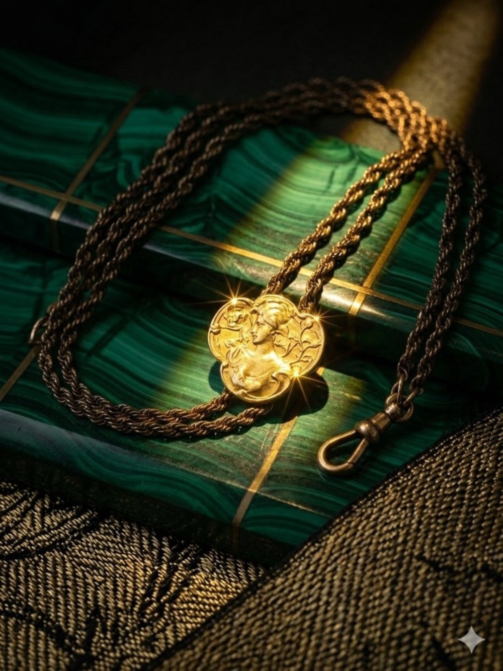 Antique Art Nouveau Gold Fill Watch Chain Slide Necklace Lady Portrait Repousse'